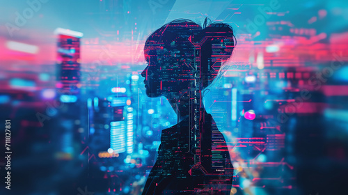 silhouette of a person set against a futuristic digital cityscape, depicted in double exposure The city is a network of glowing lines and data streams, blending with the human #711827831
