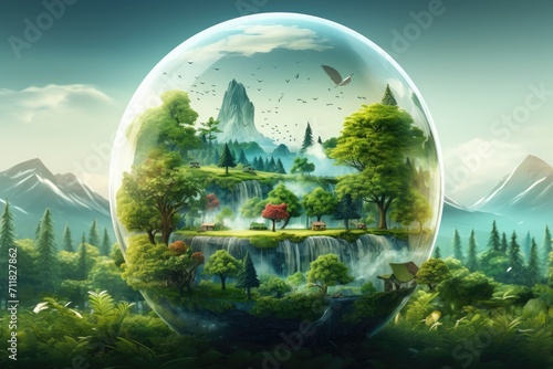 World environment and earth day concept with globe map, Green planet glass globe world In green forest © pixeness