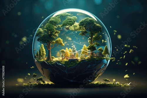World environment and earth day concept with globe map, Green planet glass globe world In green forest