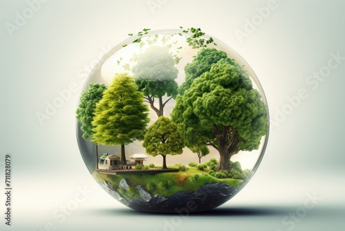 World environment and earth day concept with globe map  Green planet glass globe world In green forest