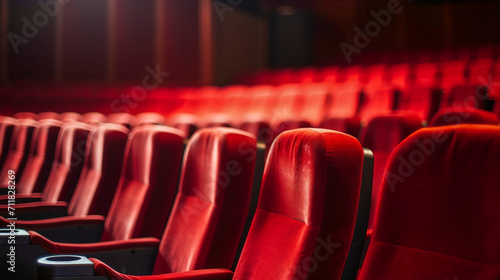 Row of empty red velvet chairs in a movie theater. Cinema entertainment industry film making concept photo