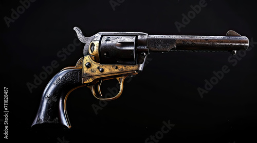Gold and Silver antique metal Steampunk revolver isolated on black background. 