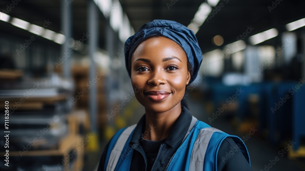 Portrait of a smiling African American woman wearing a blue headscarf and a blue vest in a warehouse Portrait of a smiling African American woman wearing a blue headscarf and a blue vest in a warehouse