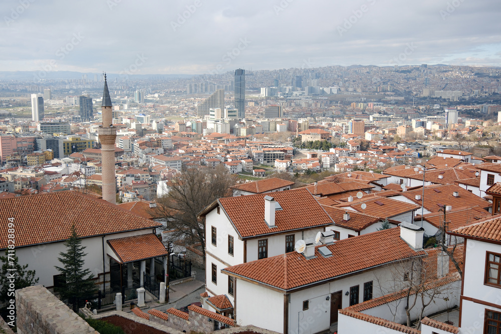 City view of Ankara from the Castle. Historical Turkish houses and mosque. Türkiye