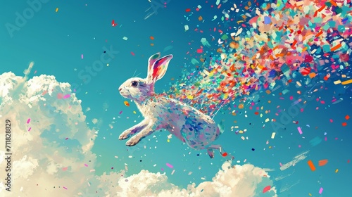A hare soaring through the sky with a balloon-powered backpack, leaving a trail of confetti. Dynamic composition and a bold use of comic book-style halftones.  photo