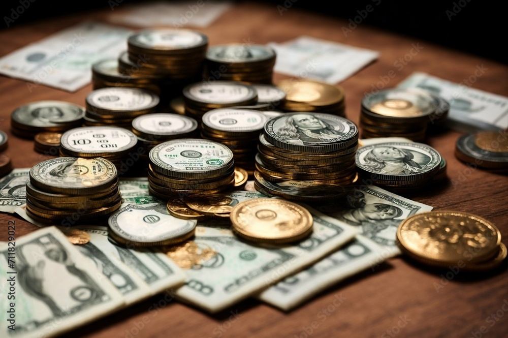 Golden coins and banknotes on a dark background. Close-up. Golden coins and banknotes on a dark background. Close-up.