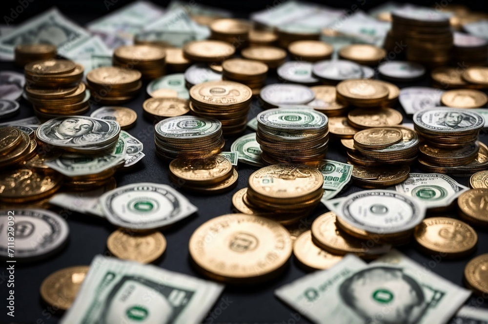 Golden coins and banknotes on a dark background. Close-up. Golden coins and banknotes on a dark background. Close-up.
