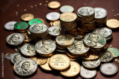 Pile of coins on wooden table. Selective focus. Shallow depth of field. Toned.