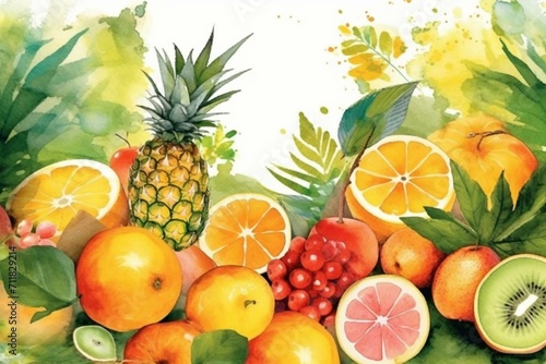 Summer background with tropical fruits watercolor illustration. Generative AI