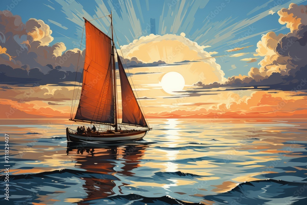 A majestic sailboat glides gracefully across the tranquil water, its colorful sail catching the warm hues of the setting sun while the towering mast pierces through the clouds, embodying the freedom 