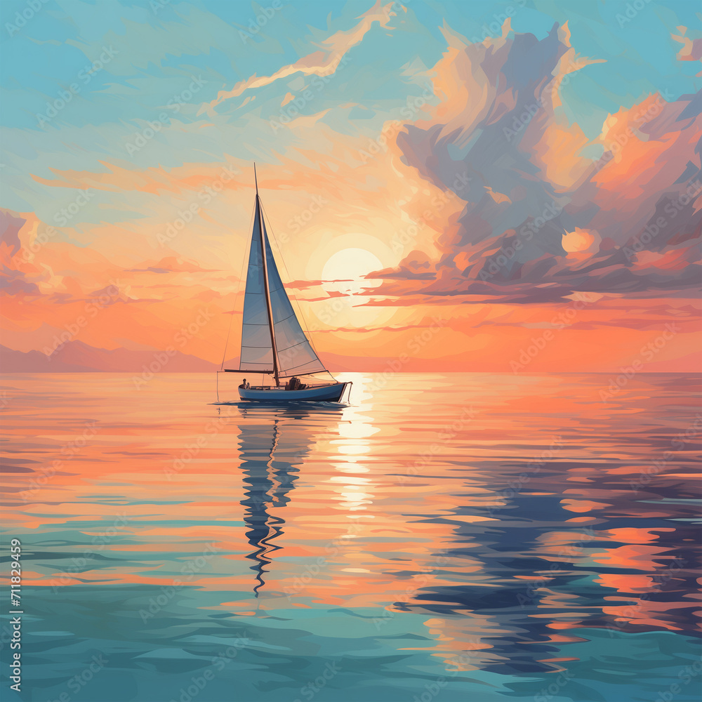 Vector illustration of sailboat at sunset in the ocean