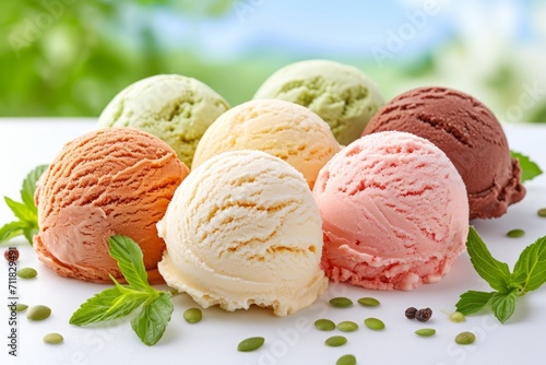 Scoops of vibrant ice cream flavors melting, a colorful and tempting display as delicious ice cream slowly transforms into a sweet masterpiece.