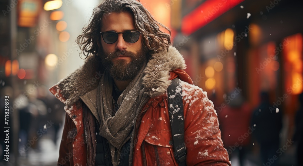 A stylish man in a red coat and sunglasses stands confidently on a bustling city street, his rugged beard adding to his street fashion appeal