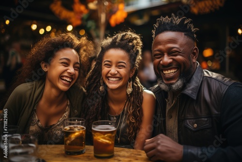 Amidst the lively atmosphere of a cozy pub, a group of friends share laughter and drinks, their smiling faces illuminated by the warm glow of the indoor lights as they bond over pints of beer and spi © familymedia