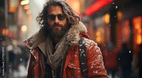 A stylish man in a red coat and sunglasses stands confidently on a bustling city street, his rugged beard adding to his street fashion appeal