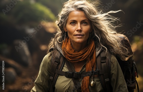 A fashion-forward woman braves the elements, sporting a stylish backpack and accessorized with a cozy jacket and scarf, as she hikes through the great outdoors with her long, flowing hair framing her