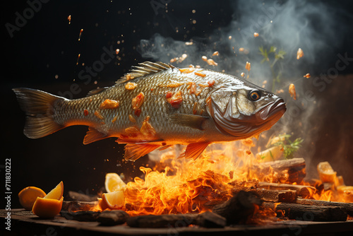 Whole sea bass or dorado fish on the grill  fire  smoke. Fish cooking concept. Generative AI.