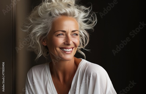 A radiant lady with a striking white mane and warm smile, exuding confidence and grace in her portrait photography, framed by her delicate features and impeccable sense of style