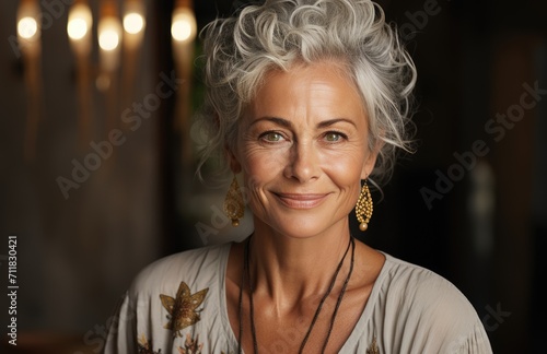 A vibrant lady with silver locks and a beaming smile, adorned with a delicate necklace, captures the essence of timeless beauty in this captivating portrait