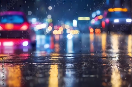 Rain on road at night blurred lights background high quality image HD 