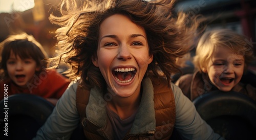 A joyous woman exudes happiness as she laughs with her mouth wide open, revealing a gleaming smile and her carefree spirit in the great outdoors photo