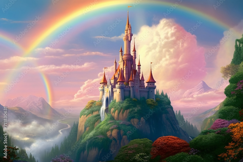 castle on a high mountain with a rainbow in the background