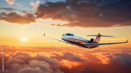 A business jet glides through the mesmerizing sunset clouds, a symbol of elegance and corporate prowess.