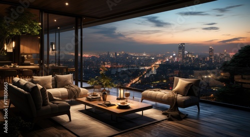 A cozy room with modern furniture and a large window providing a stunning view of the city at sunset  showcasing the perfect blend of indoor and outdoor living