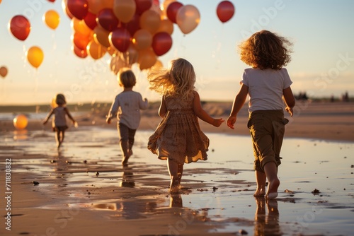 Under a colorful sunset sky, a joyful group of children, dressed in summer clothing and wearing their favorite footwear, run along the sandy beach with balloons in hand, their laughter echoing over t