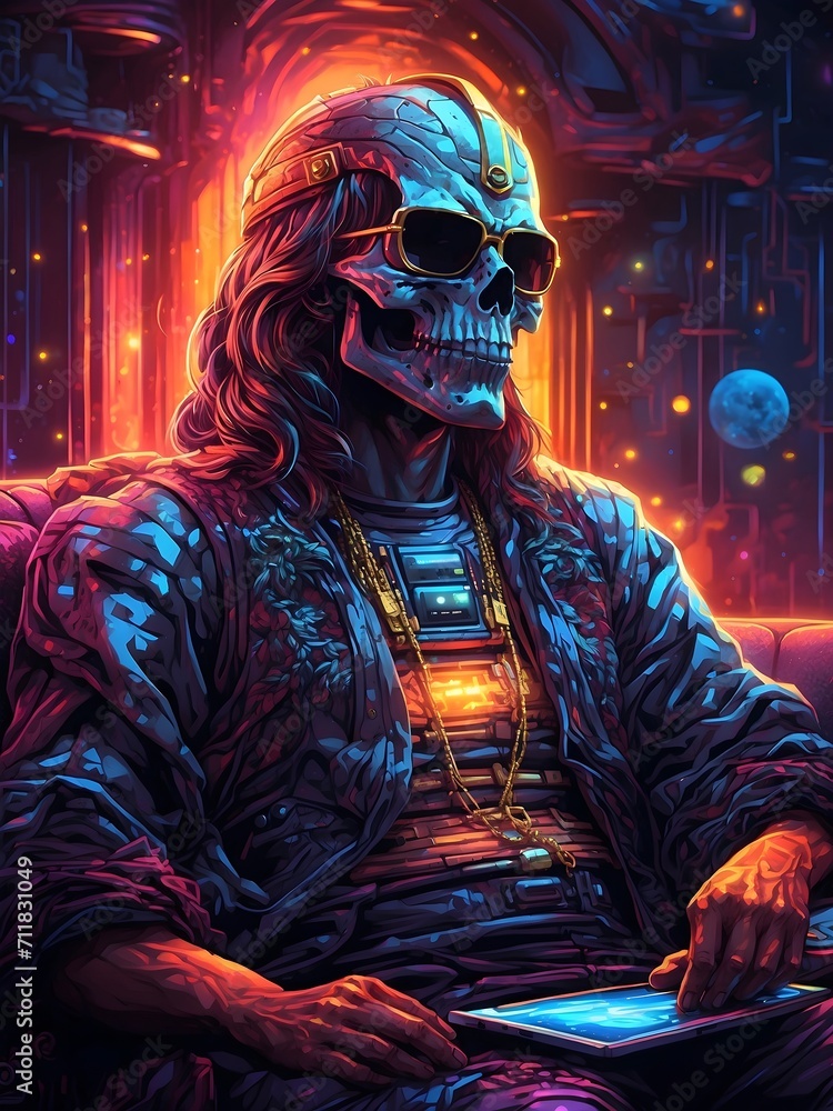 person in gas mask. Undead man using phone, - Zombie using a Tablet, laptop. neon background - ultra realistic art - abstract art - Use of technology. vamoire using social media person in gas mask. Undead man using phone, - Zombie using a Tablet, laptop. neon background - ultra realistic art - abstract art - Use of technology. vamoire using social media
