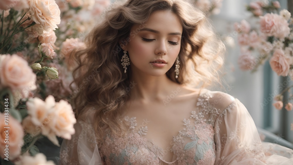 A romantic and whimsical fashion design with soft pastel colors, delicate lace, and floral details, in a dreamy and ethereal style. Copy space. A romantic and whimsical fashion design with soft pastel colors, delicate lace, and floral details, in a dreamy and ethereal style. Copy space.