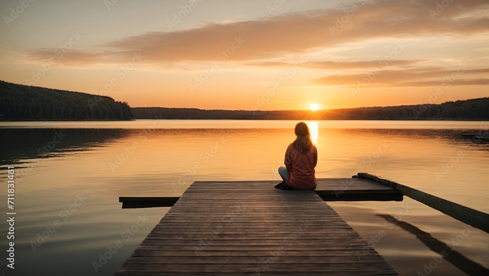 A serene and peaceful image of a person sitting on a dock, watching the sunset over a calm lake, with a sense of pure joy in their heart. Copy space.