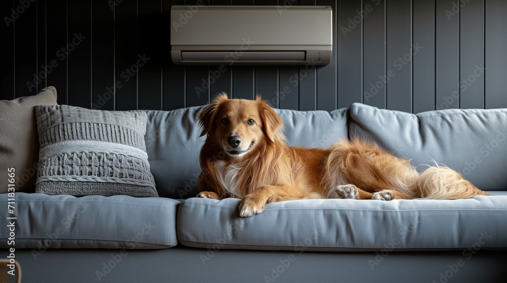 dog lying on the sofa with air conditioning in the background. dog lying in a room with modern design with air conditioning on dog lying on the sofa with air conditioning in the background. dog lying in a room with modern design with air conditioning on