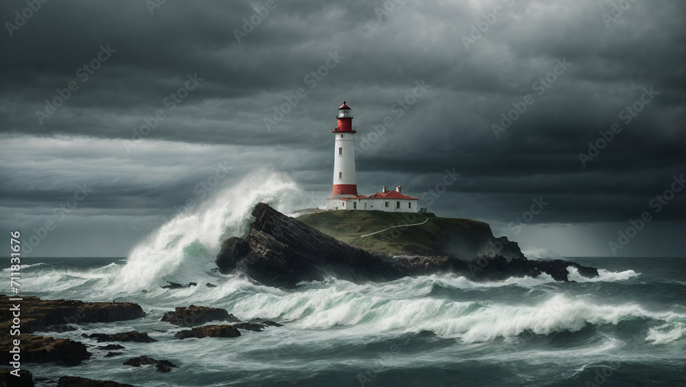 A dramatic and intense background featuring a stormy sky, crashing waves, and a lighthouse standing tall against the elements. Environment, weather and nature concept. Copy space.