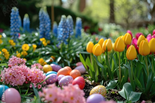 A colorful Easter egg hunt in a garden filled with blooming flowers
