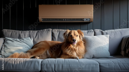 dog lying on the sofa with air conditioning in the background. dog lying in a room with modern design with air conditioning on © ProstoSvet