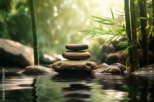 A serene setting with bamboo, rocks, and water, capturing the essence of meditation, feng shui, relaxation, and zen. Sunlight illuminates the peaceful nature. Generative AI