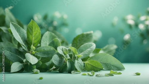 clear ambient glowing pastel green background, peppermint leaves, eucalyptus leaves. generative AI
