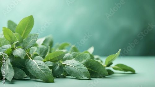 clear ambient glowing pastel green background, peppermint leaves, eucalyptus leaves. generative AI