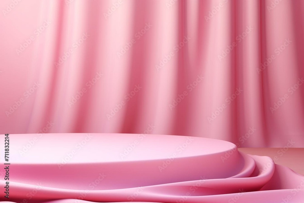 Pink background with silk podium, perfect for cosmetics presentations. Imaginative mockup for showcasing products. Generative AI