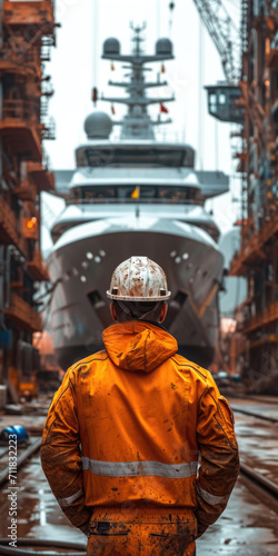 Ingenieur steht auf einer Schiffsbaustelle und beobachtet den Bau einer Yacht