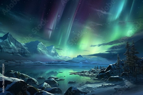 Landscape featuring snowy scenery and breathtaking auroras. Generative AI