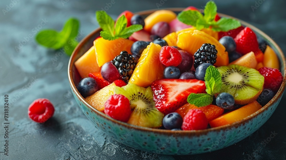 Stylish shot of a refreshing and colorful fruit salad bowl with a variety of seasonal fruits, creating a vibrant and healthy fast food option. [Colorful fruit salad bowl fast food]