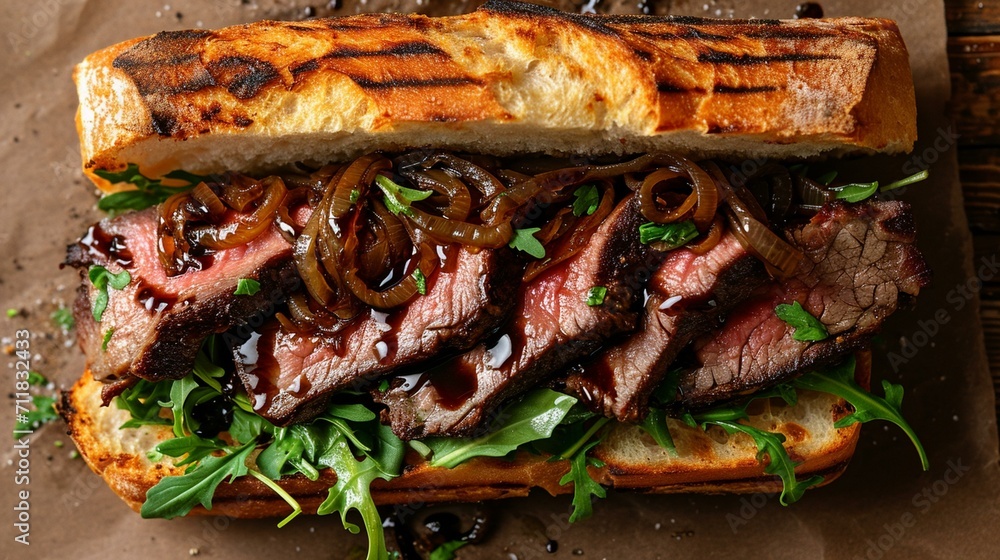 Overhead view of a gourmet beef tenderloin sandwich with caramelized onions, arugula, and a drizzle of balsamic glaze. [Gourmet beef tenderloin sandwich beef]