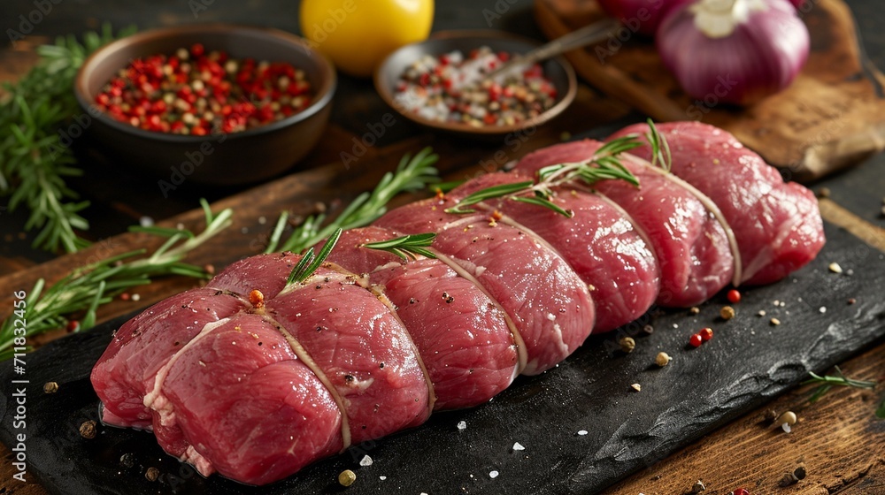 Close-up of a perfectly trimmed and seasoned pork tenderloin, ready for grilling or roasting. [Seasoned pork tenderloin fresh, raw, beautiful meat prepared and cut in a special way