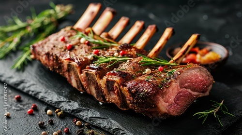Stylish presentation of a whole rack of lamb, expertly trimmed and seasoned, ready for an elegant roast. [Whole rack of lamb fresh, raw, beautiful meat prepared and cut in a specia