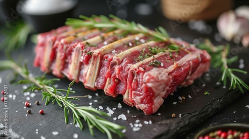 Stylish presentation of a whole rack of lamb, expertly trimmed and seasoned, ready for an elegant roast. [Whole rack of lamb fresh, raw, beautiful meat prepared and cut in a specia photo