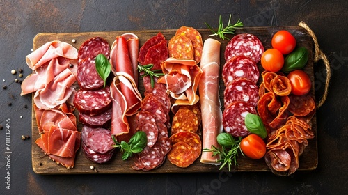Overhead view of a gourmet charcuterie board featuring an assortment of cured meats, including prosciutto, salami, and chorizo. [Charcuterie board with cured meats fresh, raw, beau