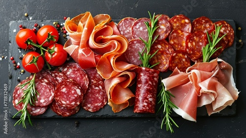 Aerial view of a gourmet meat platter featuring slices of prosciutto, salami, and coppa, creating an appetizing charcuterie display. [Gourmet meat platter charcuterie fresh, raw, b