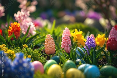 A colorful Easter egg hunt in a garden filled with blooming flowers